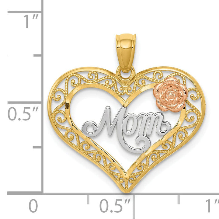 14k Yellow Rose Mom in Heart with Rose Pendant