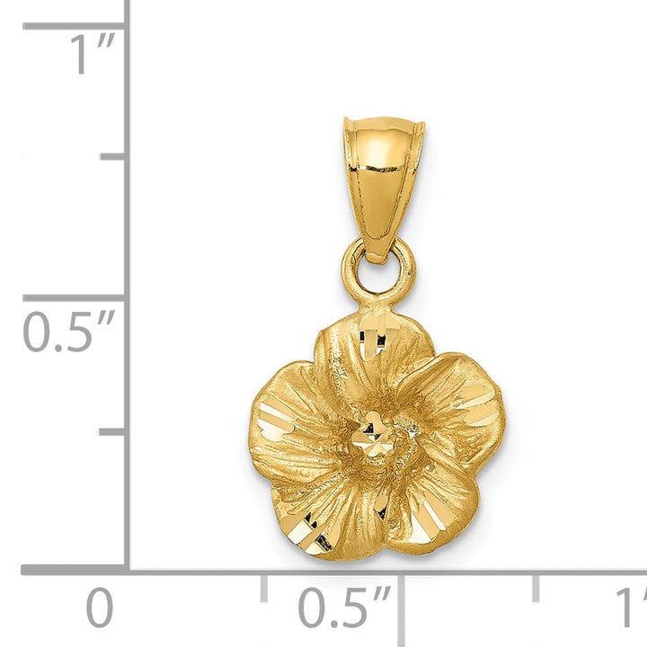 14k Yellow Gold Satin Diamond-cut Solid Casted Textured Back Brushed Finish Hibiscus Charm Pendant