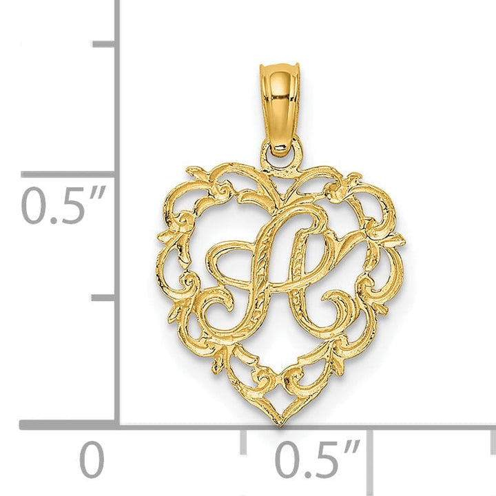 14K Yellow Gold Heart Shape Fancy Script Letter A Initial Charm Pendant