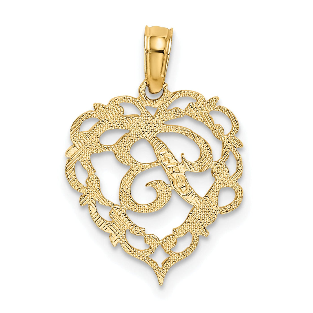 14K Yellow Gold Heart Shape Fancy Script Letter B Initial Charm Pendant