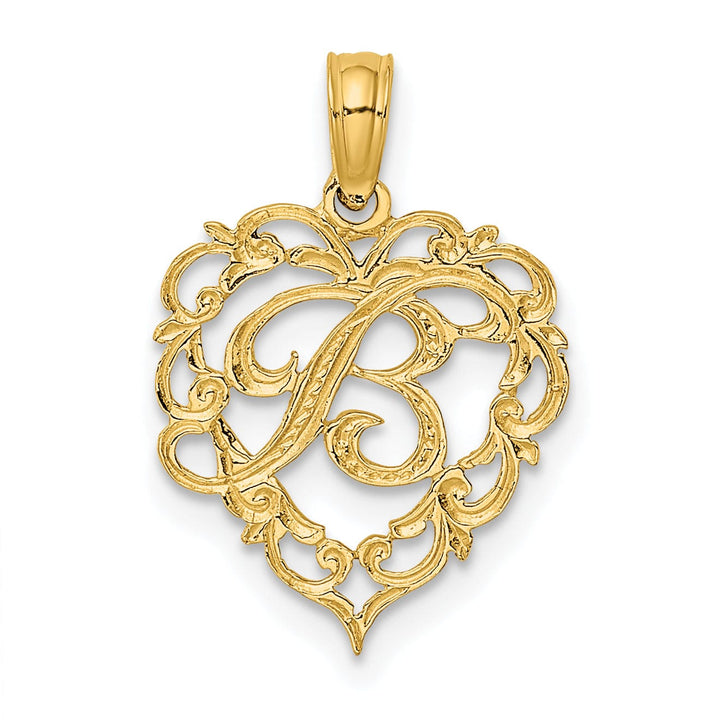 14K Yellow Gold Heart Shape Fancy Script Letter B Initial Charm Pendant