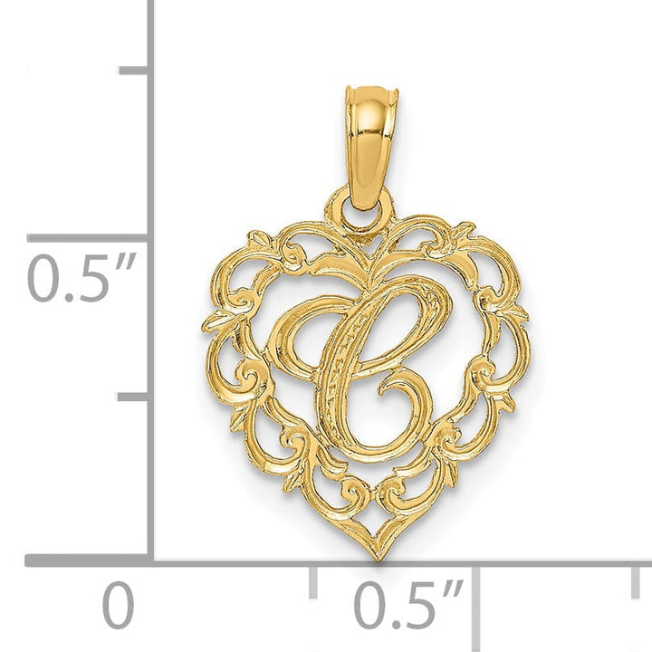 14K Yellow Gold Heart Shape Fancy Script Letter C Initial Charm Pendant