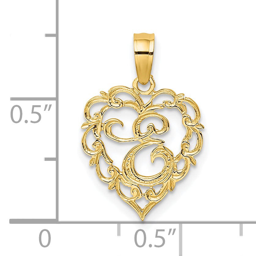 14K Yellow Gold Heart Shape Fancy Script Letter E Initial Charm Pendant