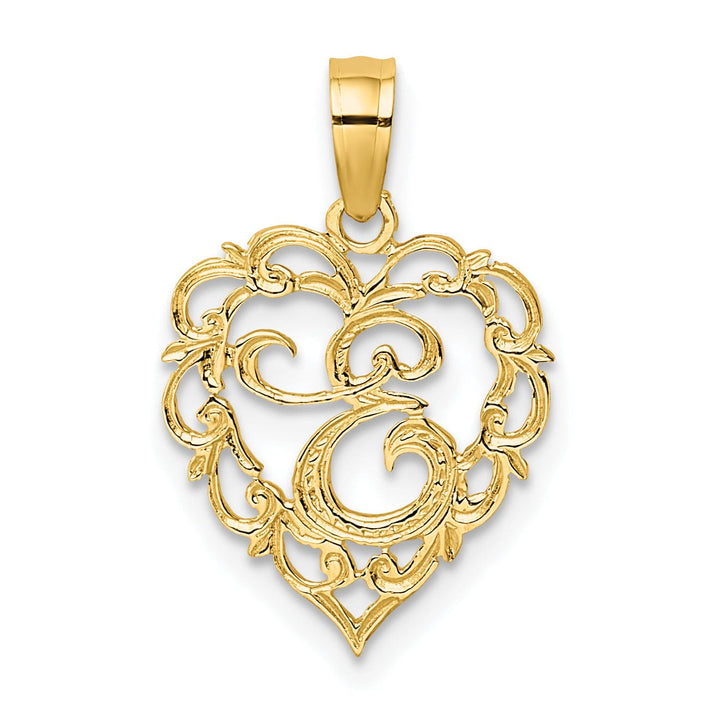 14K Yellow Gold Heart Shape Fancy Script Letter E Initial Charm Pendant