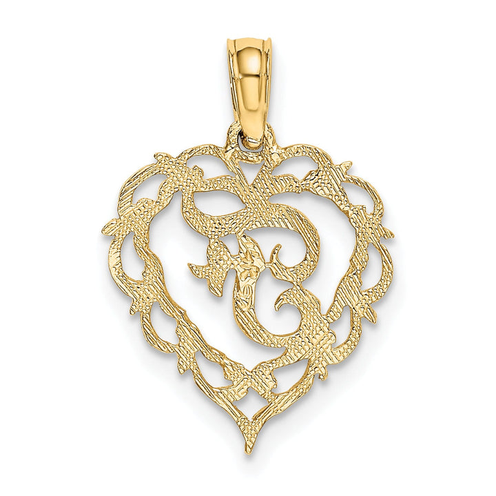 14K Yellow Gold Heart Shape Fancy Script Letter F Initial Charm Pendant