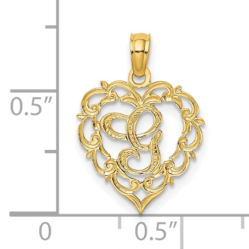 14K Yellow Gold Heart Shape Fancy Script Letter G Initial Charm Pendant