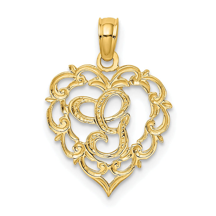 14K Yellow Gold Heart Shape Fancy Script Letter G Initial Charm Pendant