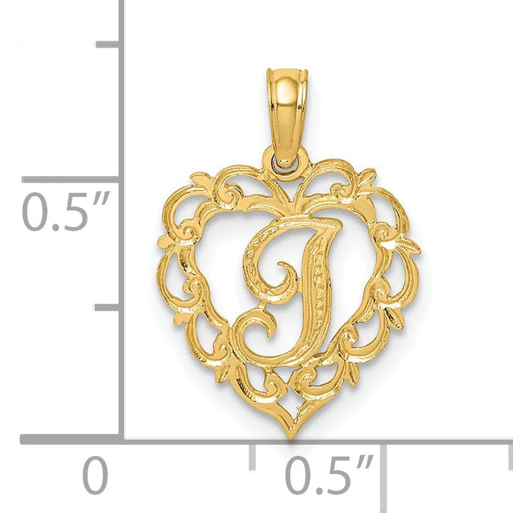 14K Yellow Gold Heart Shape Fancy Script Letter I Initial Charm Pendant