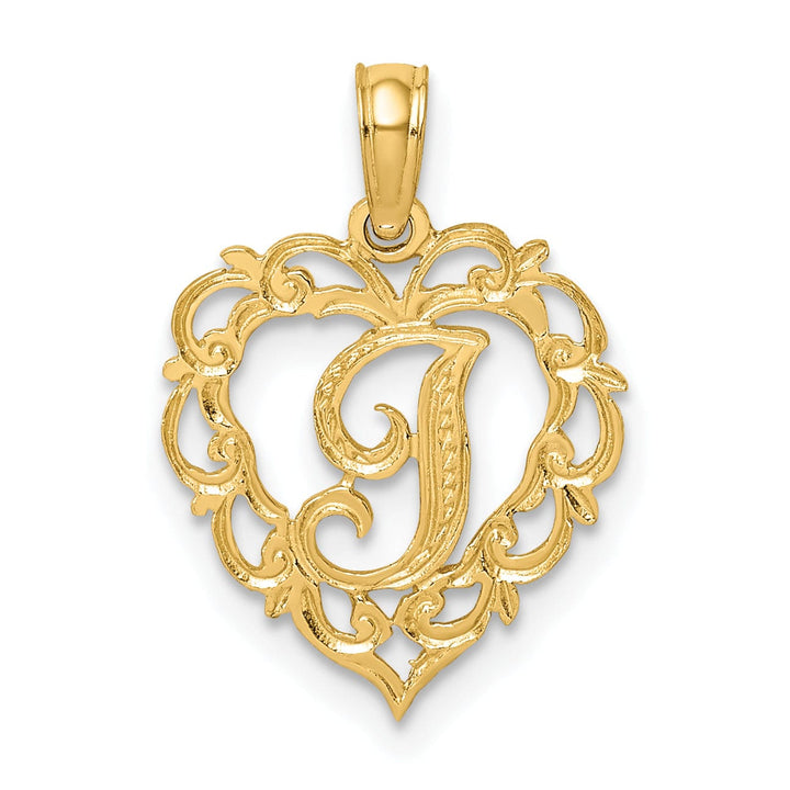 14K Yellow Gold Heart Shape Fancy Script Letter I Initial Charm Pendant