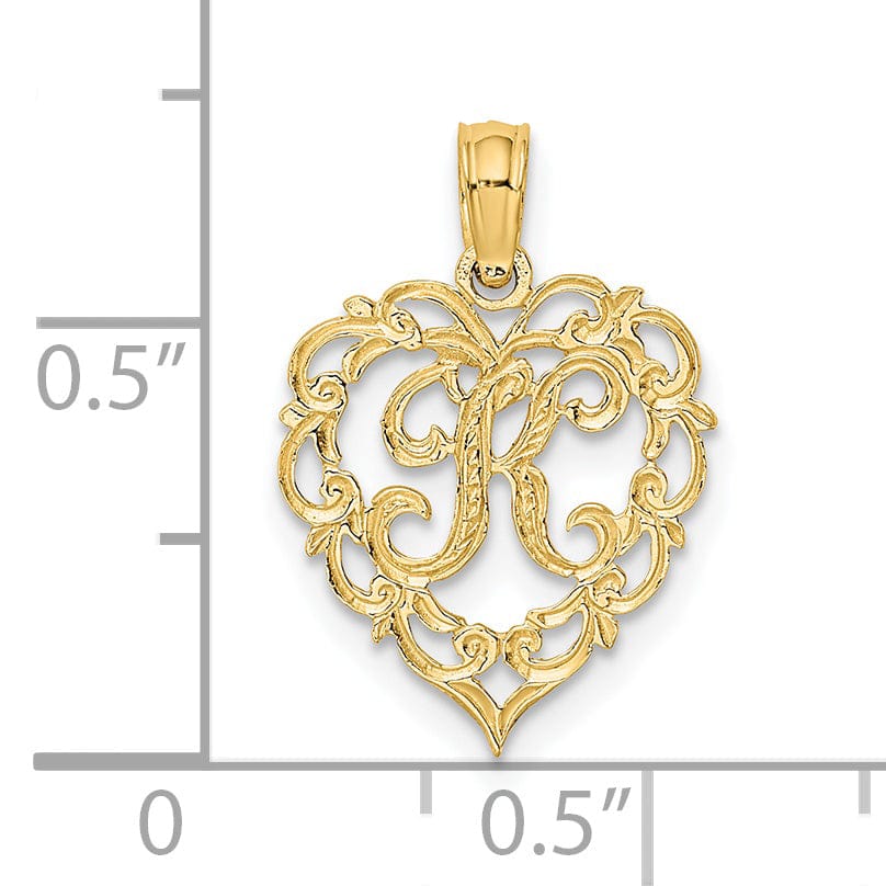 14K Yellow Gold Heart Shape Fancy Script Letter K Initial Charm Pendant