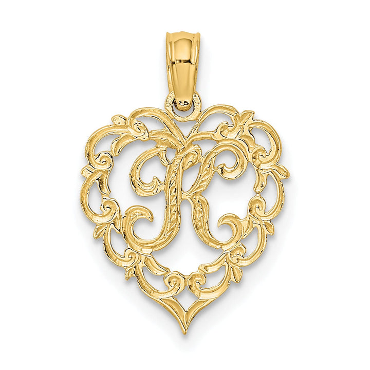 14K Yellow Gold Heart Shape Fancy Script Letter K Initial Charm Pendant