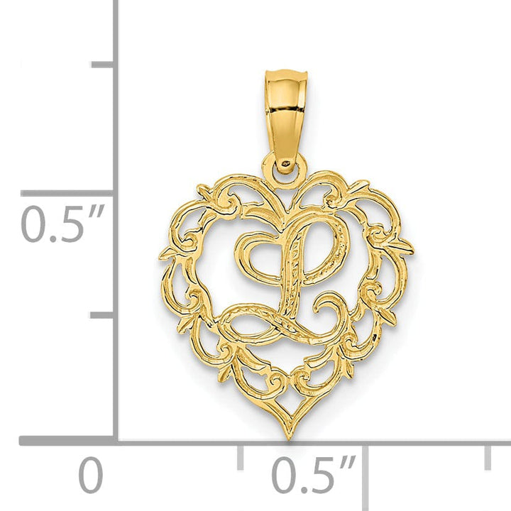 14K Yellow Gold Heart Shape Fancy Script Letter L Initial Charm Pendant