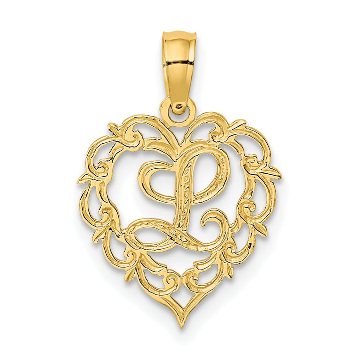 14K Yellow Gold Heart Shape Fancy Script Letter L Initial Charm Pendant