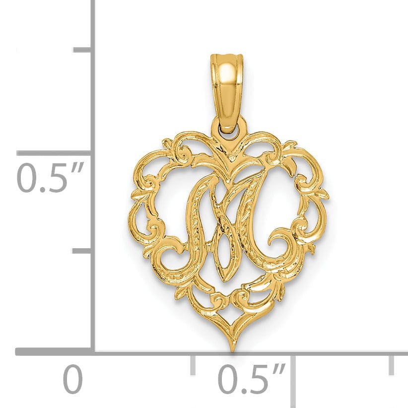 14K Yellow Gold Heart Shape Fancy Script Letter M Initial Charm Pendant