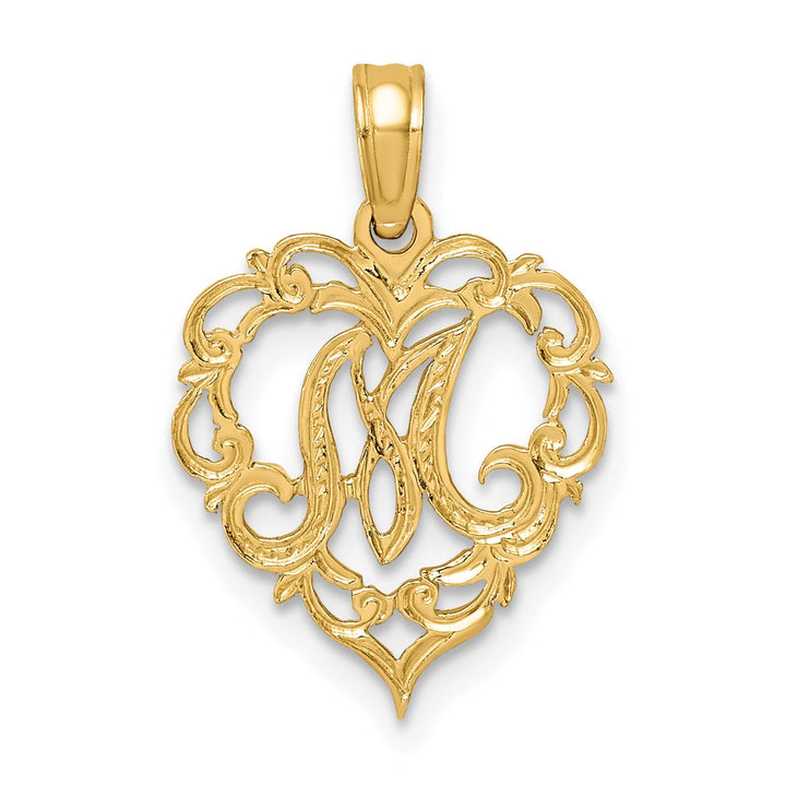 14K Yellow Gold Heart Shape Fancy Script Letter M Initial Charm Pendant