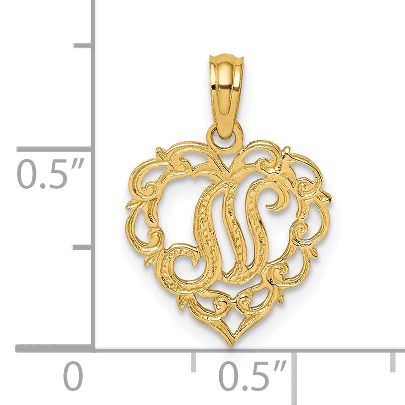 14K Yellow Gold Heart Shape Fancy Script Letter N Initial Charm Pendant