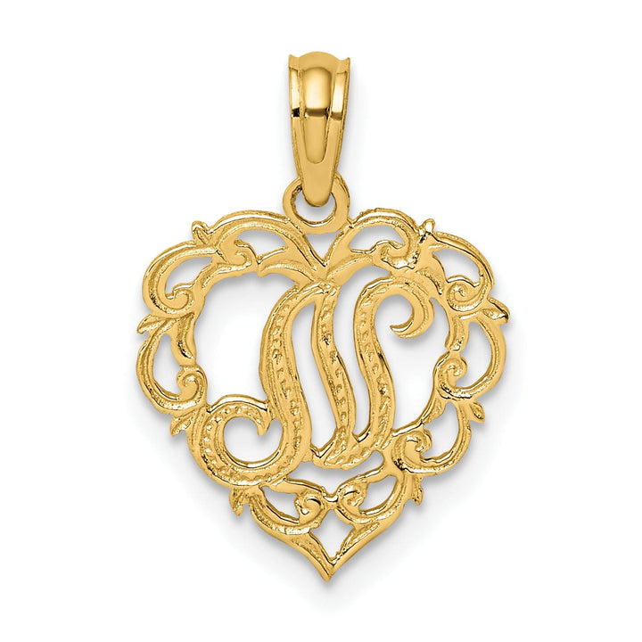 14K Yellow Gold Heart Shape Fancy Script Letter N Initial Charm Pendant