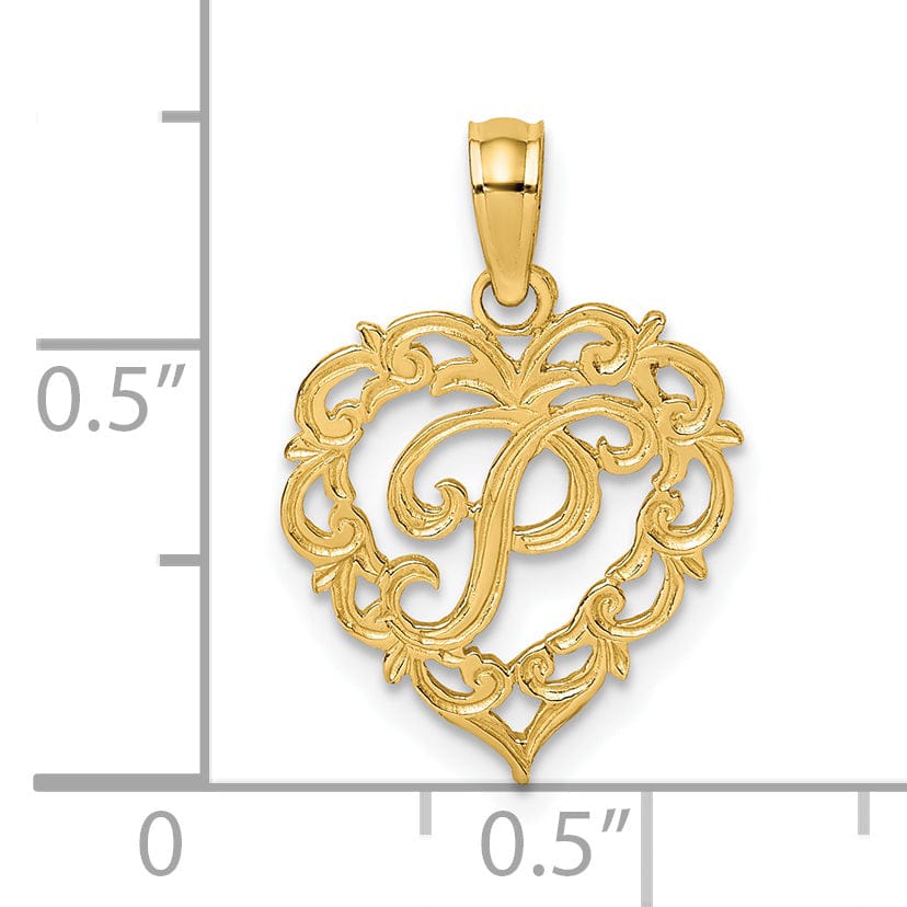 14K Yellow Gold Heart Shape Fancy Script Letter P Initial Charm Pendant