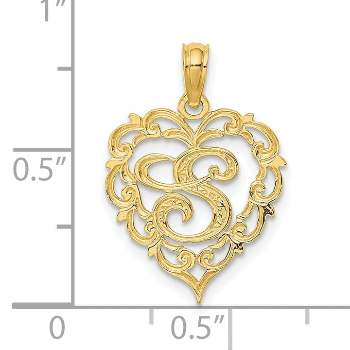 14K Yellow Gold Heart Shape Fancy Script Letter S Initial Charm Pendant