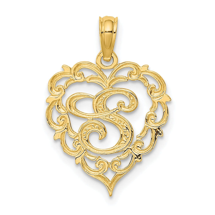 14K Yellow Gold Heart Shape Fancy Script Letter S Initial Charm Pendant