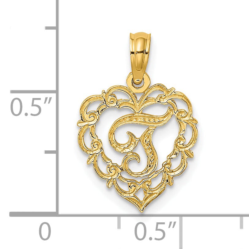 14K Yellow Gold Heart Shape Fancy Script Letter T Initial Charm Pendant