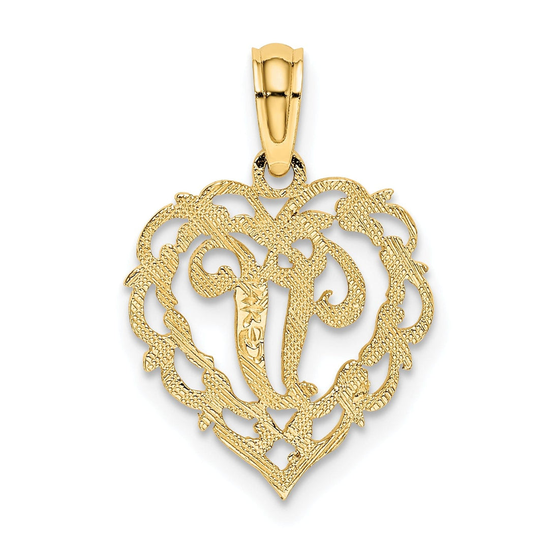 14K Yellow Gold Heart Shape Fancy Script Letter V Initial Charm Pendant