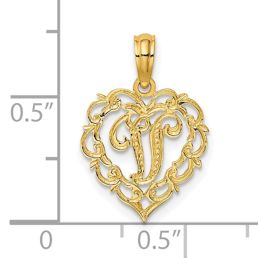 14K Yellow Gold Heart Shape Fancy Script Letter V Initial Charm Pendant