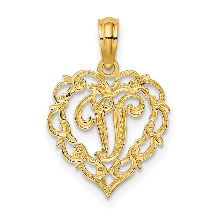 14K Yellow Gold Heart Shape Fancy Script Letter V Initial Charm Pendant