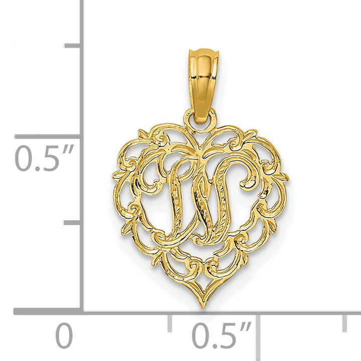 14K Yellow Gold Heart Shape Fancy Script Letter W Initial Charm Pendant