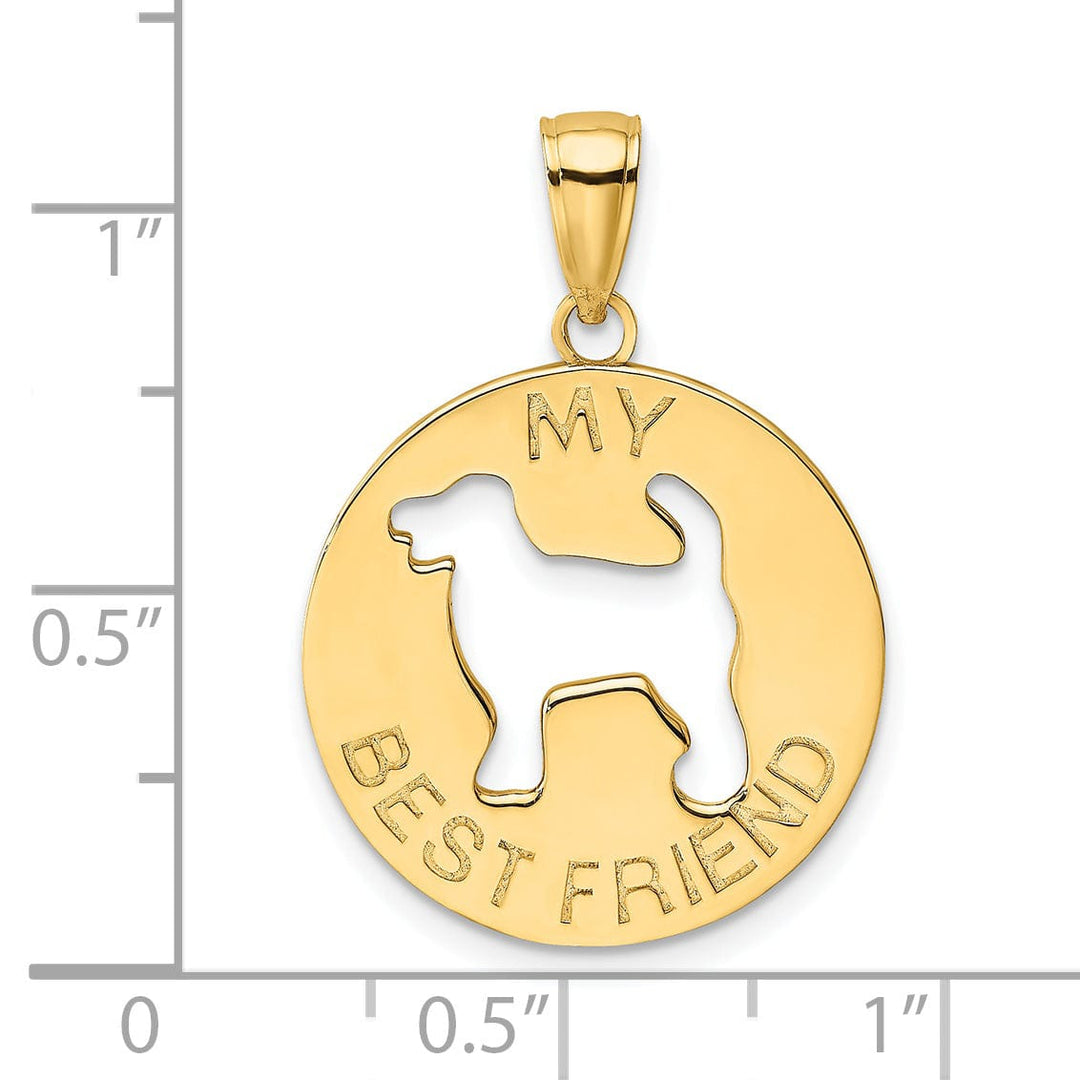 14K Yellow Gold Polished Finish Flat Back Circle Shape MY BEST FRIEND with Dog Charm Pendant