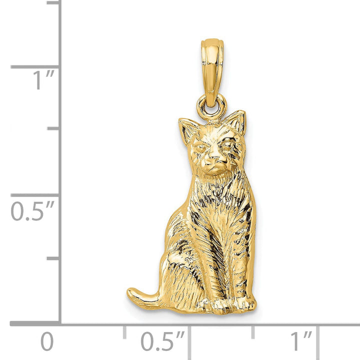 14K Yellow Gold Polished Textured Finish Sitting Cat Charm Pendant