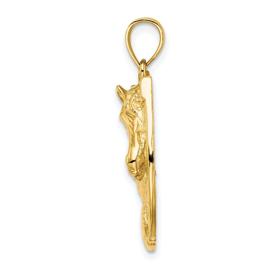 14K Yellow Gold Open Back Texture Polished Finish Horse Head In Shoe Charm Pendant