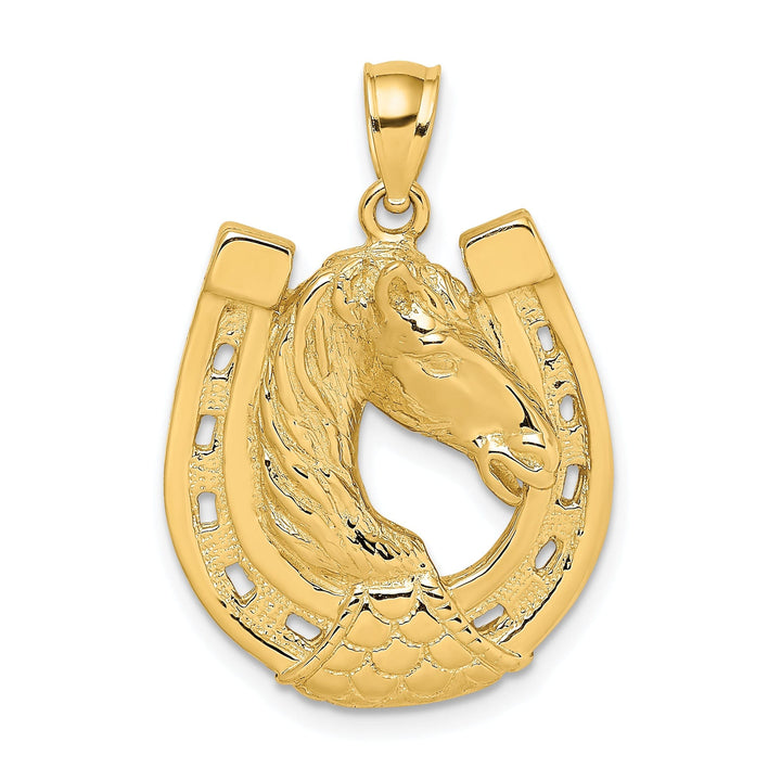 14K Yellow Gold Open Back Texture Polished Finish Horse Head In Shoe Charm Pendant