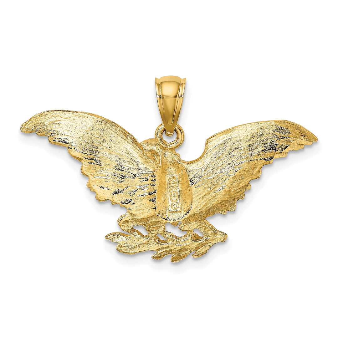 14K Yellow Gold Textured Polished Finish Eagle Wings Spread Open Holding Branch Design Charm Pendant