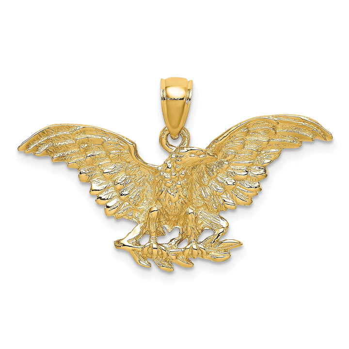 14K Yellow Gold Textured Polished Finish Eagle Wings Spread Open Holding Branch Design Charm Pendant