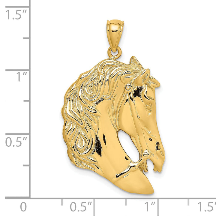 14K Yellow Gold Polished Texture Finish Horse Head with Long Mane Charm Pendant