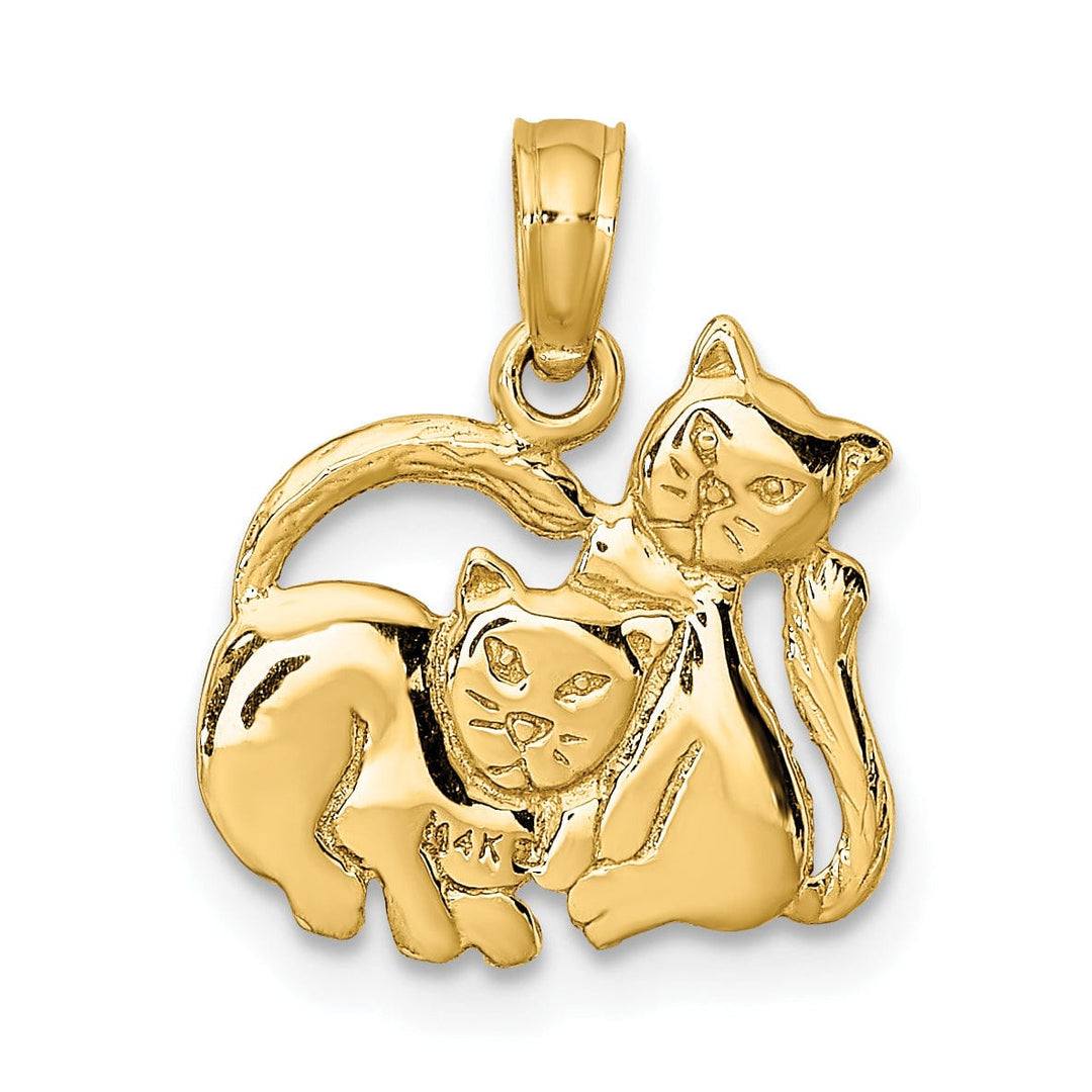 14k Yellow Gold Polished Finish 3-Dimensional 2-Kitten Cats Design Charm Pendant