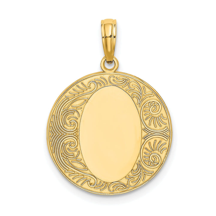 14K Yellow Gold Solid Polished Finish Circle Design Engraveable Oval Center Pendant