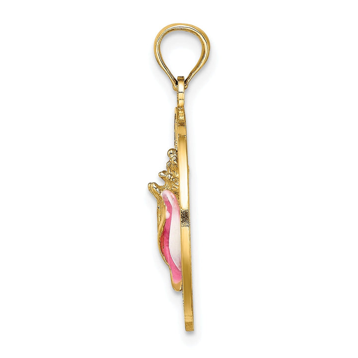 14K Yellow Gold Polished Pink Enameled Finish ANTIGUA, W.I Circle Design with Conch Shell Charm Pendant