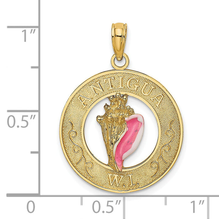 14K Yellow Gold Polished Pink Enameled Finish ANTIGUA, W.I Circle Design with Conch Shell Charm Pendant