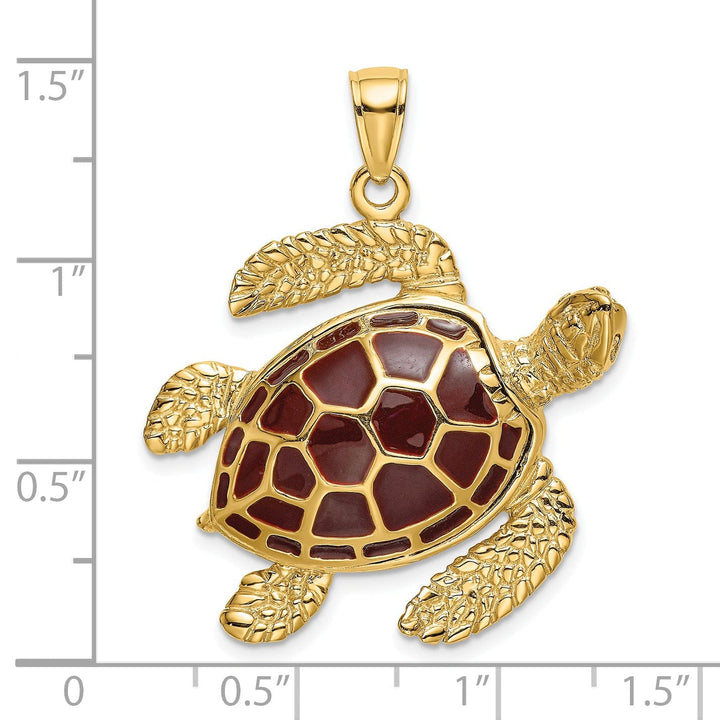 14k Yellow Gold Casted Solid Polished Finish 3D Brown Enamel Large Sea Turtle Charm Pendant