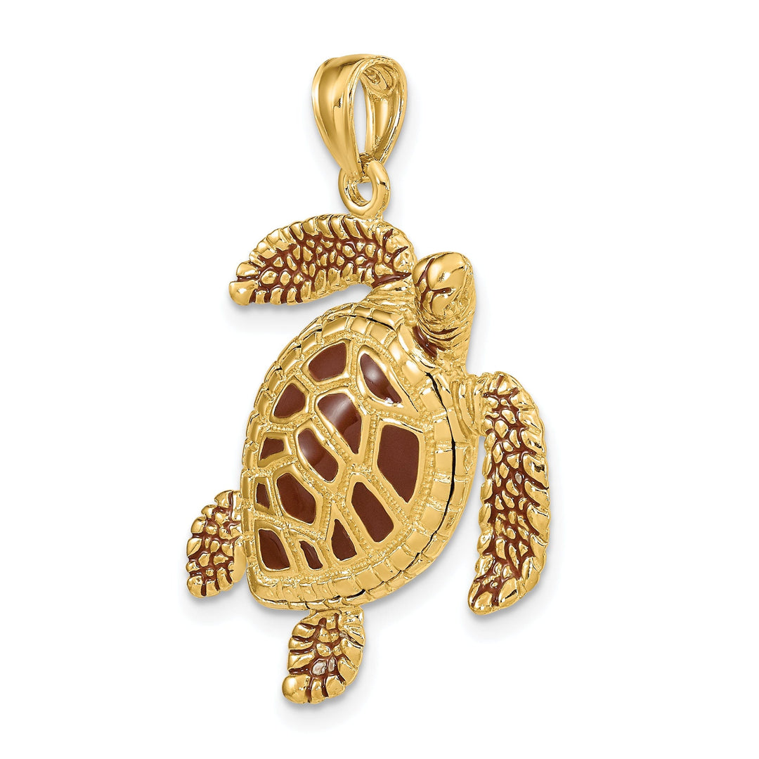 14k Yellow Gold Solid Casted Polished Finish 3D Brown Enamel Textured Sea Turtle Charm Pendant