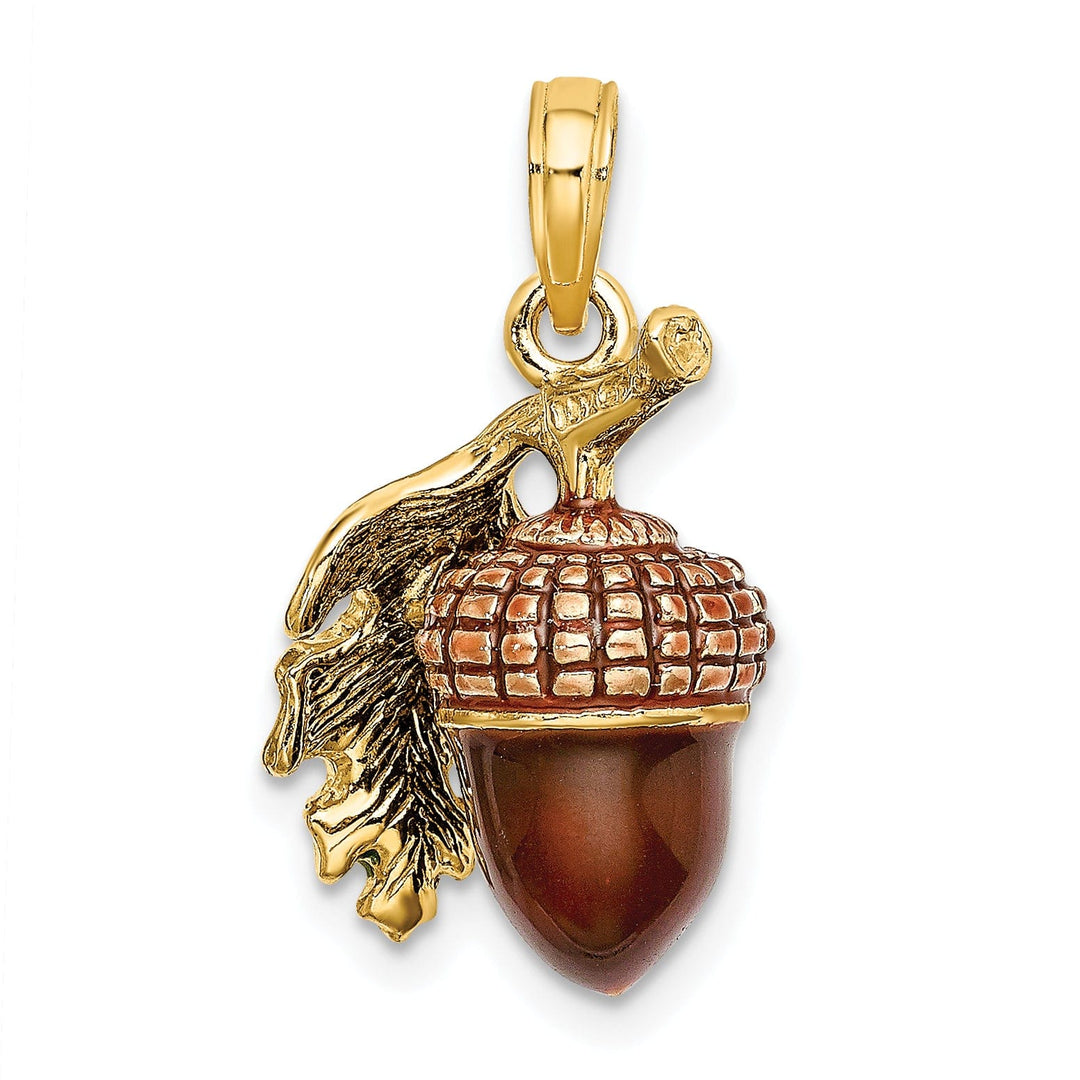 14k Yellow Gold 3D Enameled Solid Polished Finish Acorn with Leaf Charm Pendant