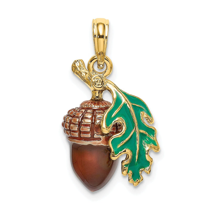 14k Yellow Gold 3D Enameled Solid Polished Finish Acorn with Leaf Charm Pendant