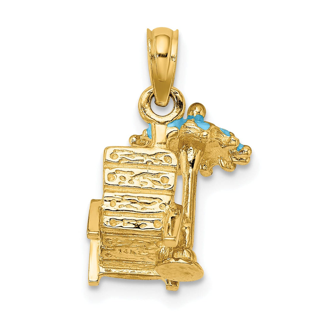 14K Yellow Gold Polished Finish 3-Dimensional Beach Chair with Aqua Blue Color Enameled Umbrella Charm Pendant