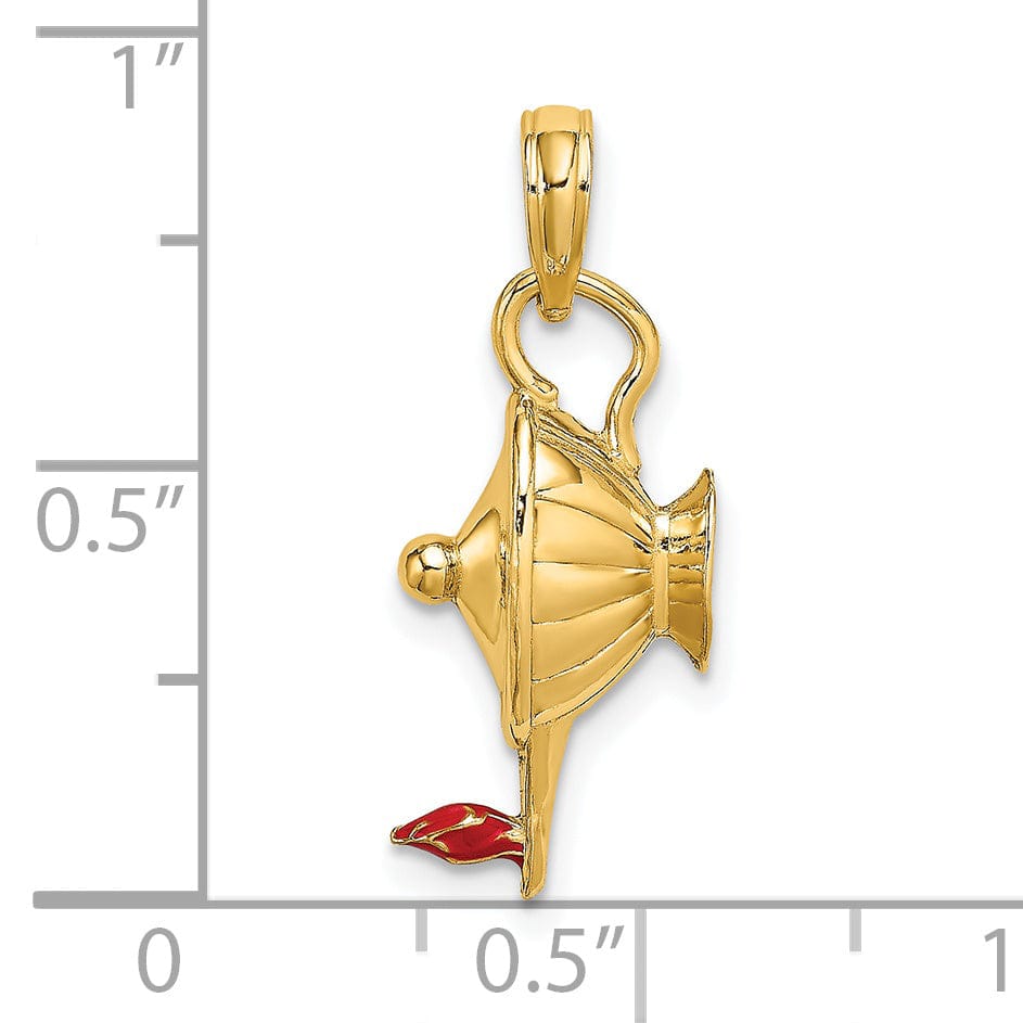 14K Yellow Gold Polished with Red Enamel Finish 3-Dimensional Genie Lamp Charm Pendant