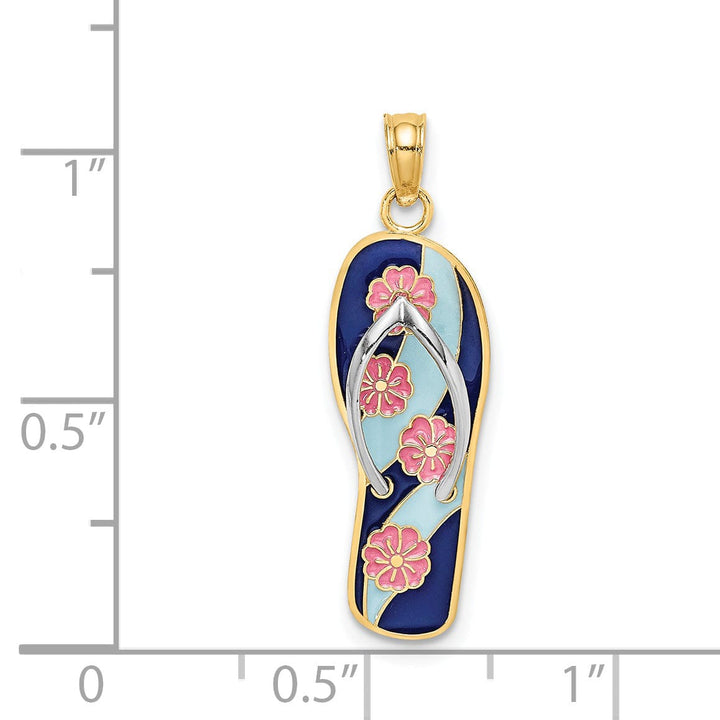 14K Yellow Gold, White Rhodium Pink Flowers On Blue Stripes Enamel Finish 3-Dimensional Flip-Flop Sandle Charm Pendant