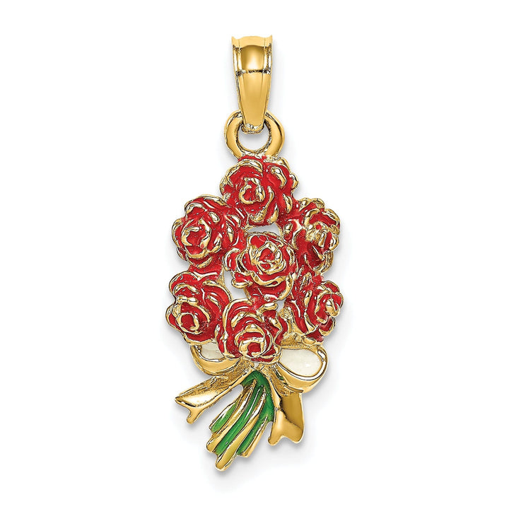 14k Yellow Gold Open Back Solid Polished Finish Enameled Bouquet of Red Roses Charm Pendant