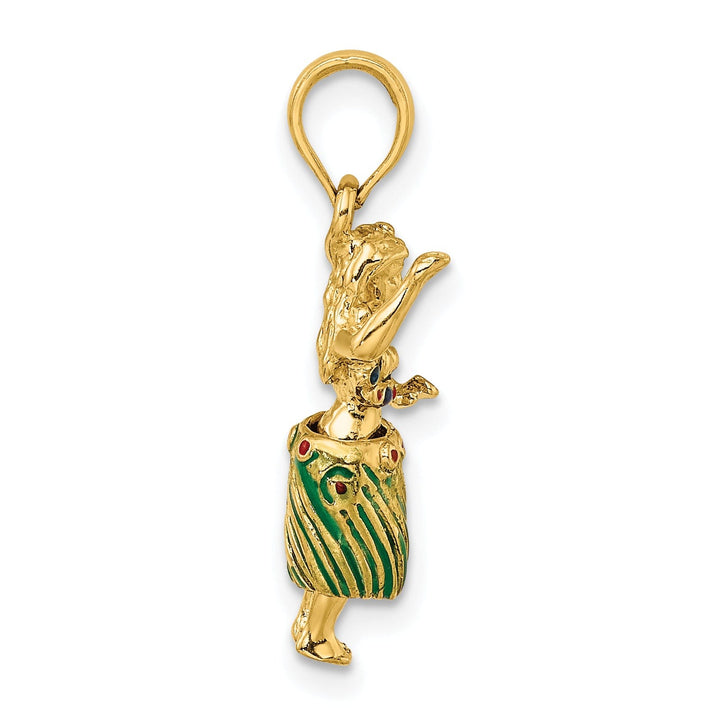 14K Yellow Gold Red, Green Enameled Polished Finish 3-Dimensional Hula Girl With Moveable Grass Skirt Charm Pendant