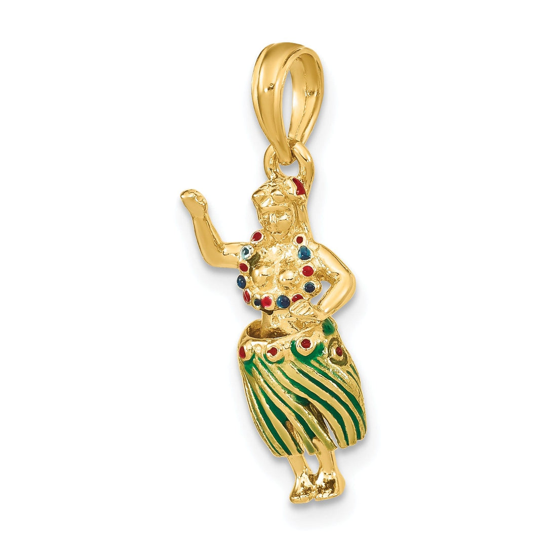 14K Yellow Gold Red, Green Enameled Polished Finish 3-Dimensional Hula Girl With Moveable Grass Skirt Charm Pendant